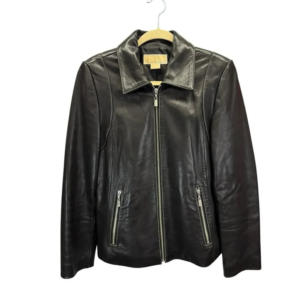 Michael Kors Black Leather Zip Jacket Women’s Medium Moto Minimalist Jacket